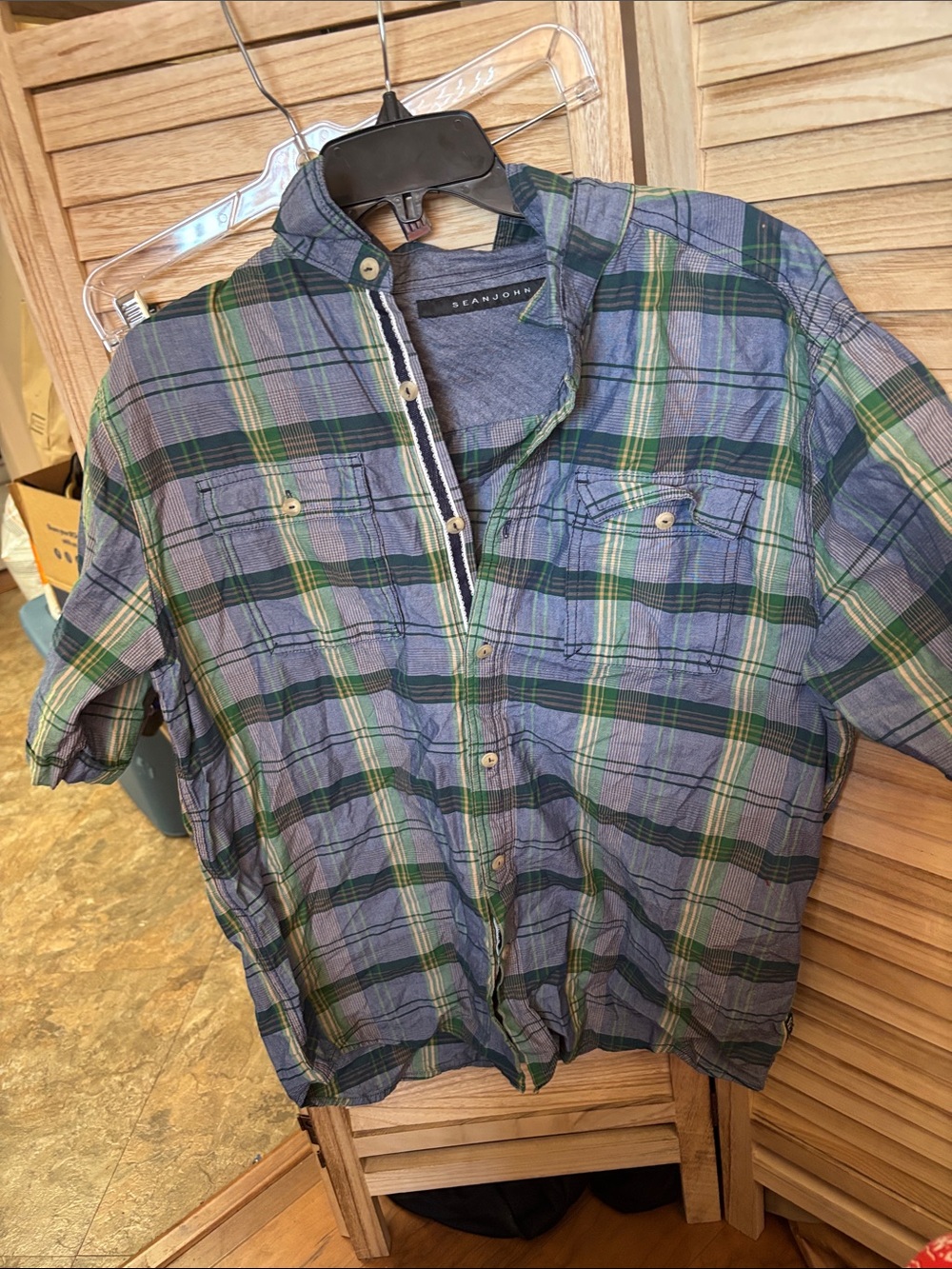 Sean John Green & Blue Plaid Short Sleeve Button-Up Shirt Large